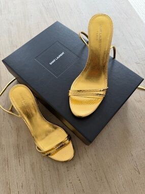 Saint Laurent Metallic Gold Strappy Slide Sandals Heel Wedges